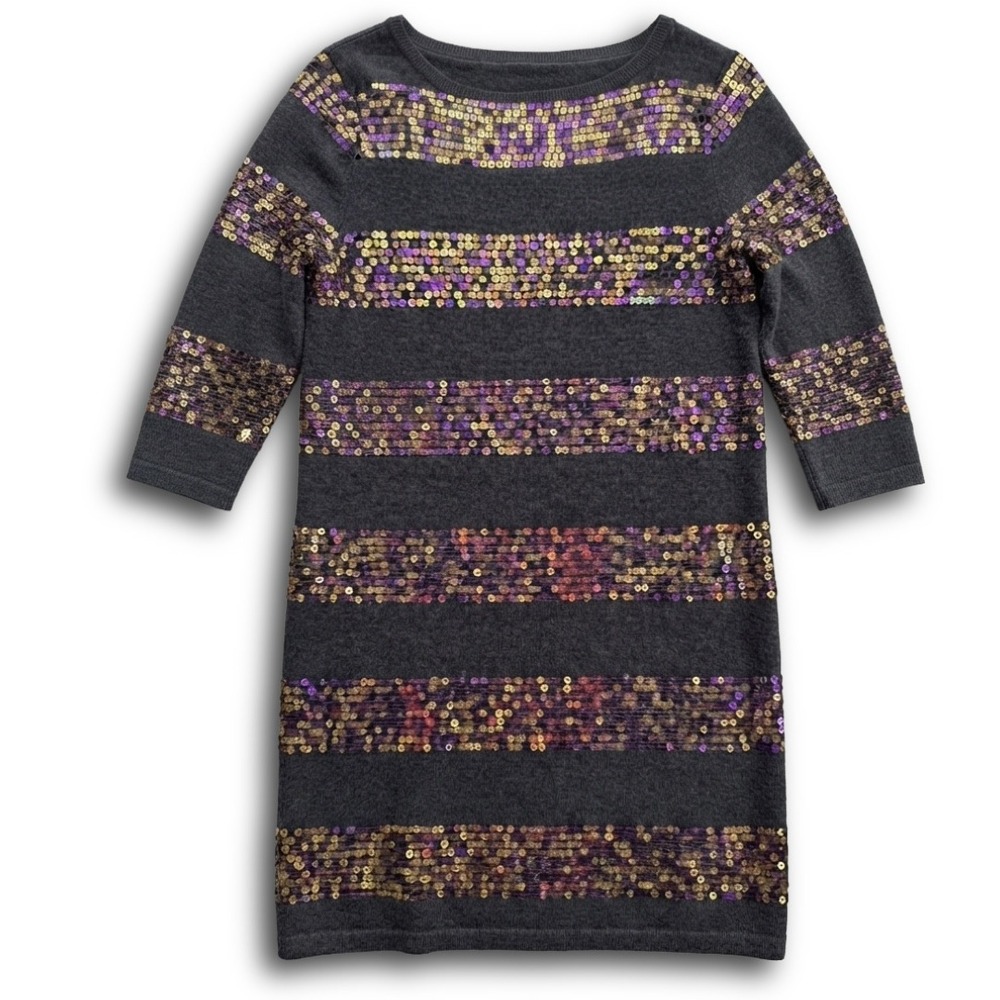 Nanette Lepore Merino Wool Sequin Stripe Sweater Dress Grey Gold Purple Y2K S